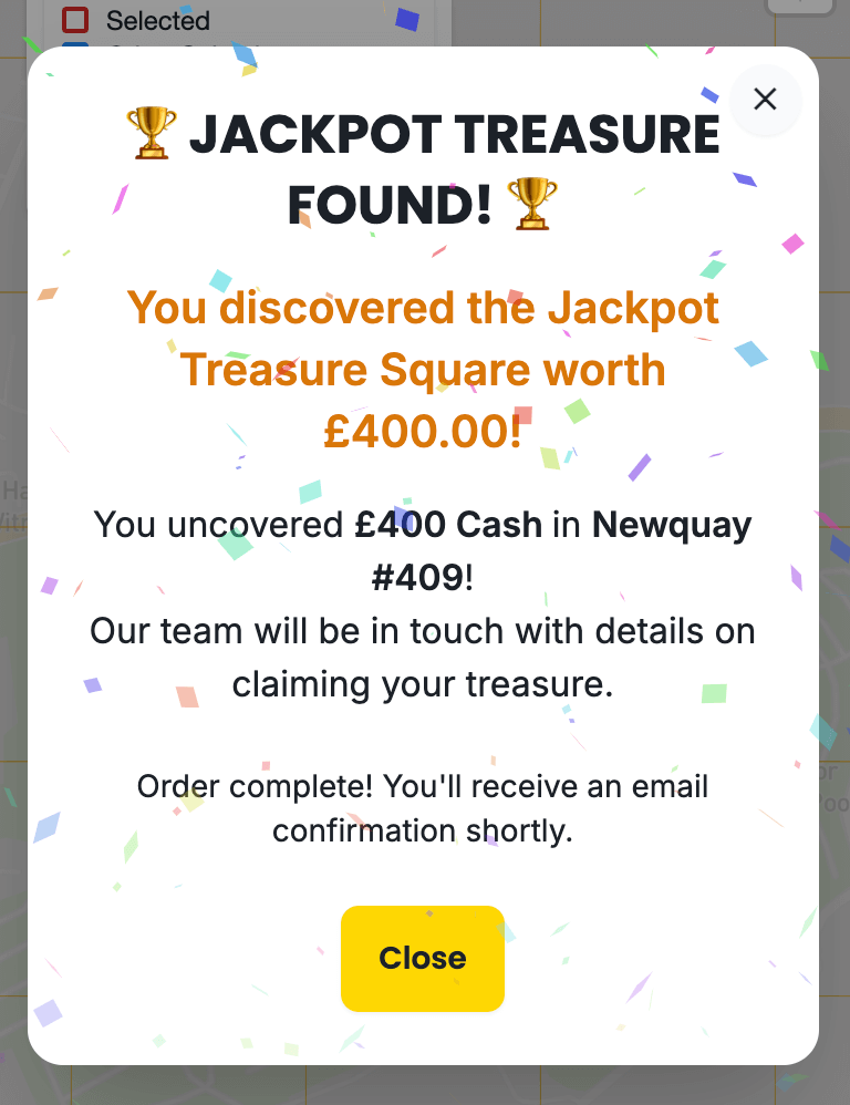 Jackpot Treasure Found celebration screen showing a £400 cash prize win