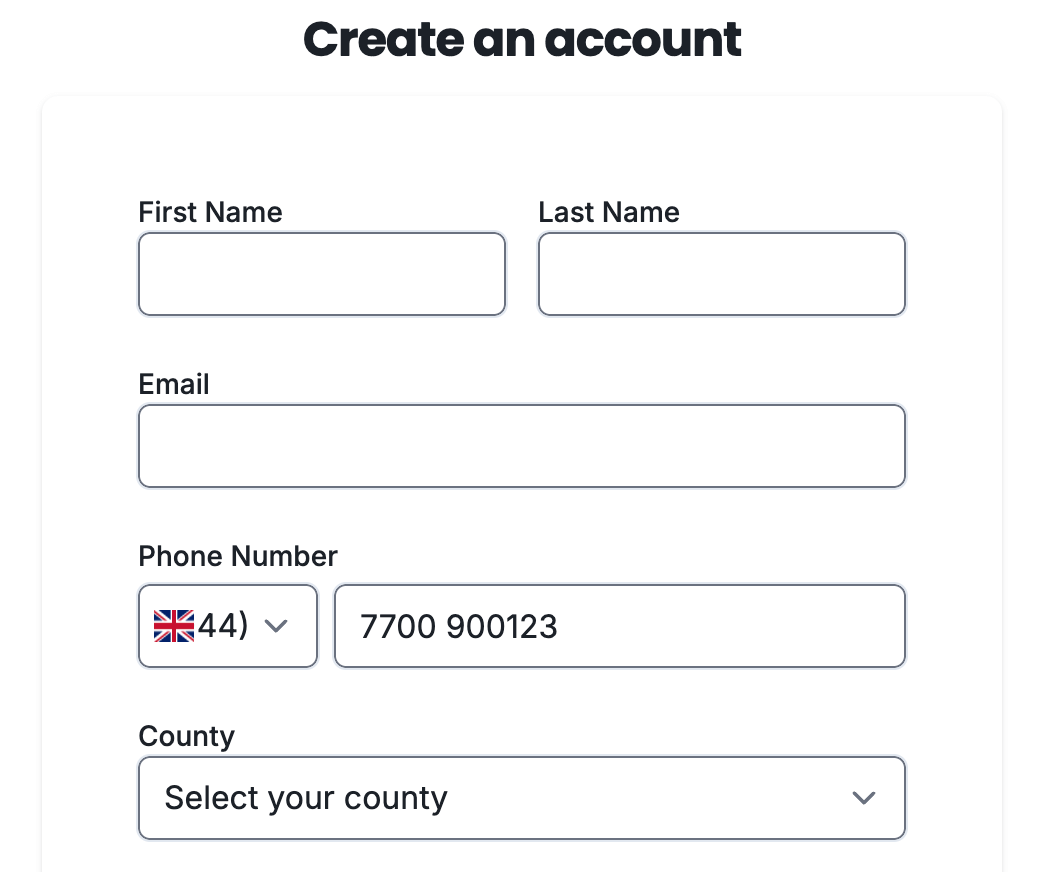 Treasure Square registration form showing fields for name, email, phone number and county