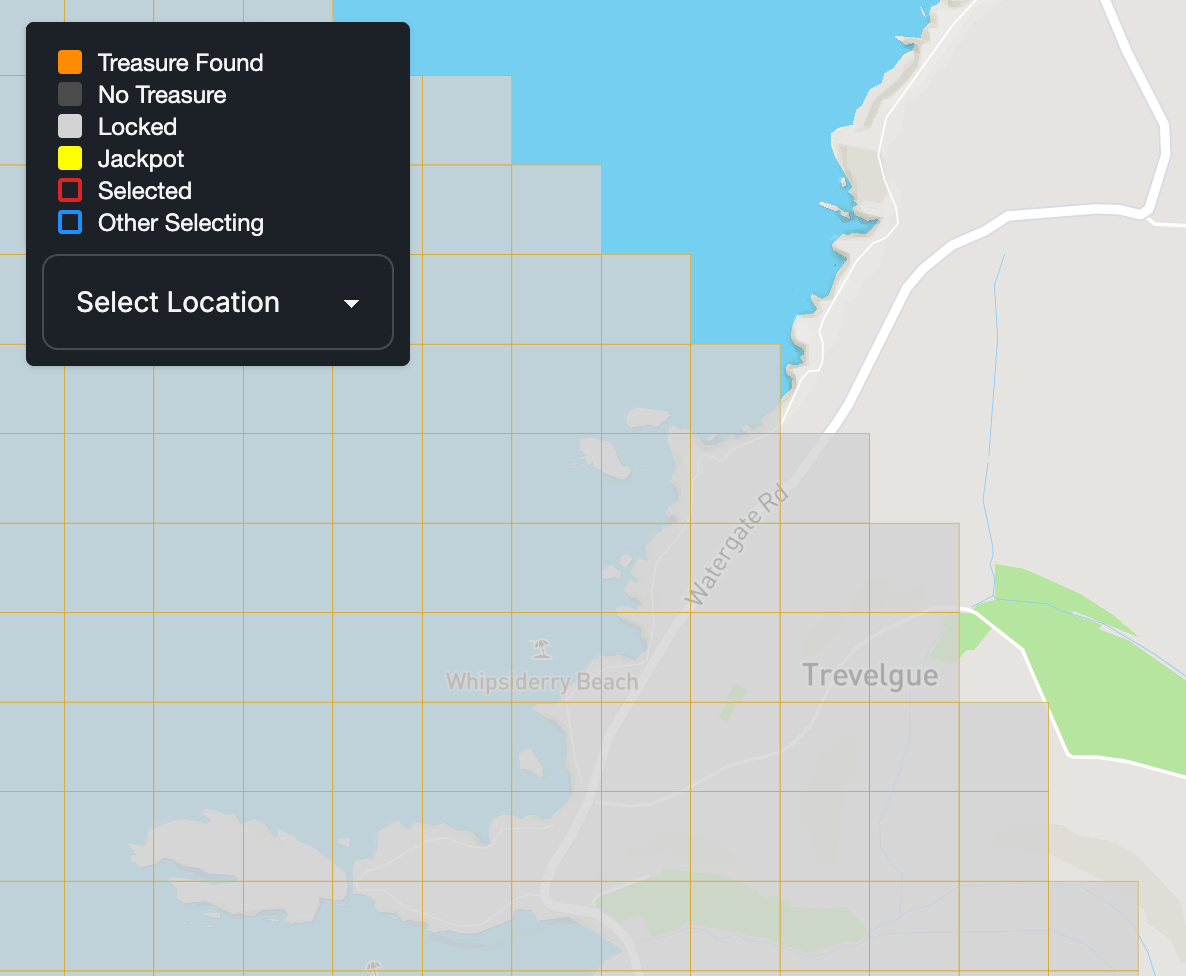 Treasure Square interactive map showing a grid of squares over a real UK location with a colour-coded legend