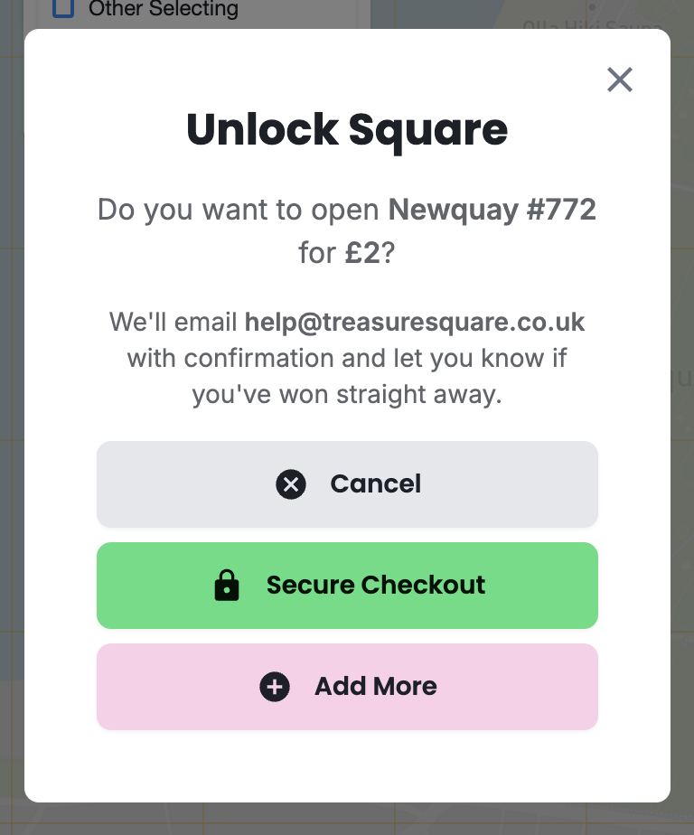 Unlock Square dialog showing the option to open a square for £2 with Secure Checkout